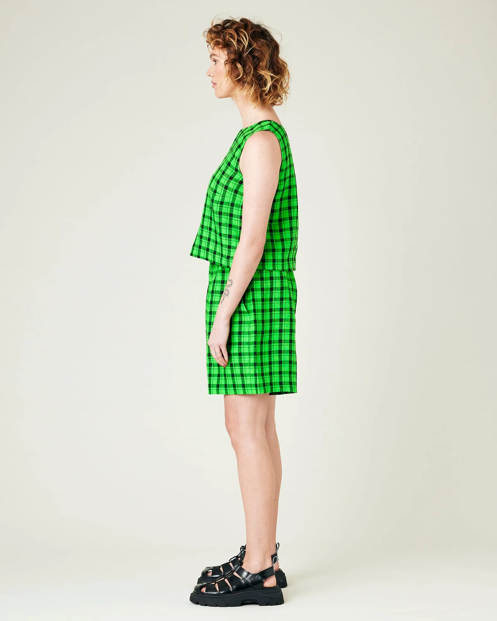Ari Green & Black Check Linen Shorts