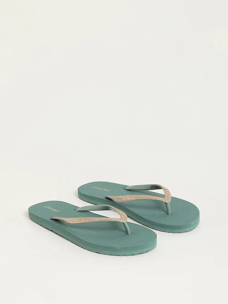 Buy LUNA BLU Dark Green Shimmer-Detailed Flip-Flops from Westside