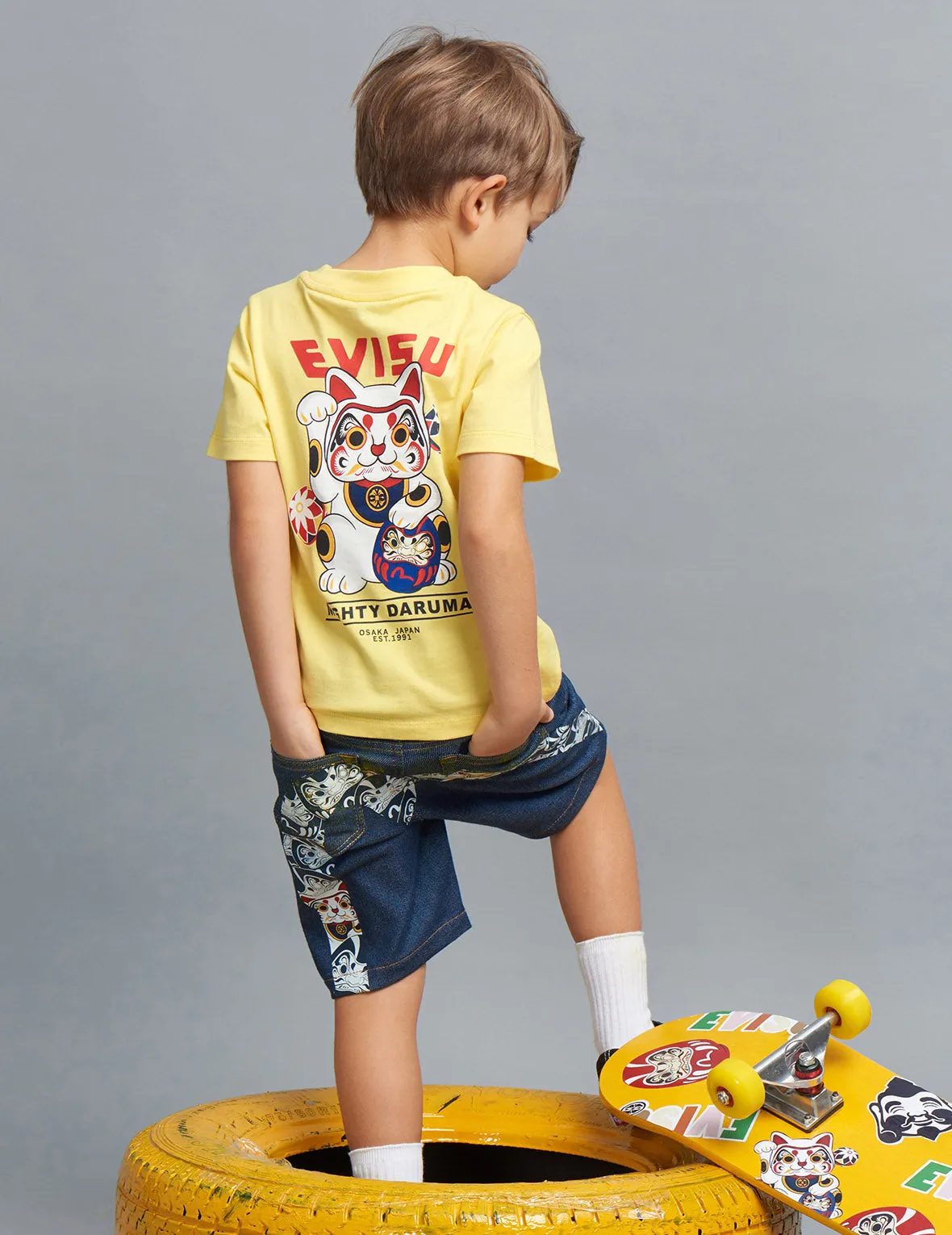 Daruma Buddies Daicock Print Denim Shorts