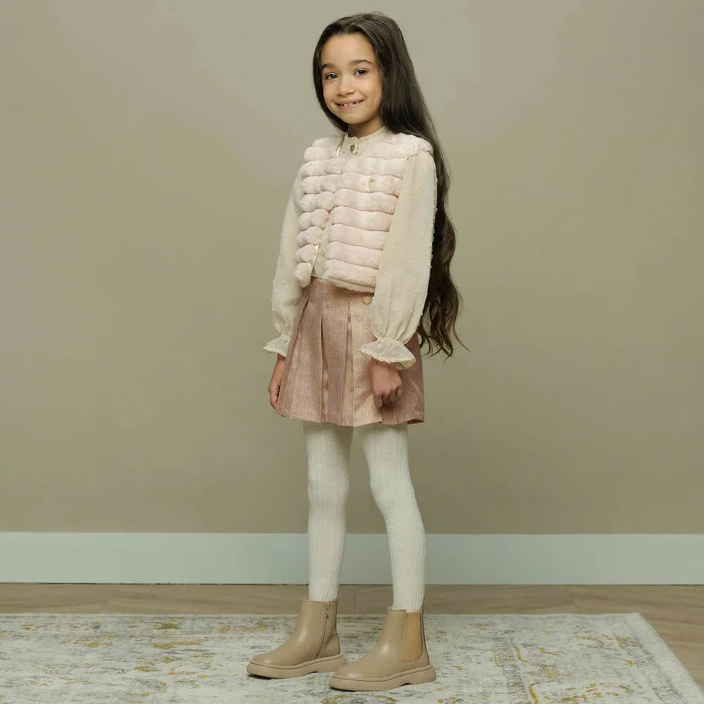 Girls Beige & Gold Pleated Shorts