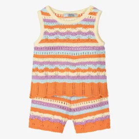 Girls Orange Striped Knitted Shorts Set