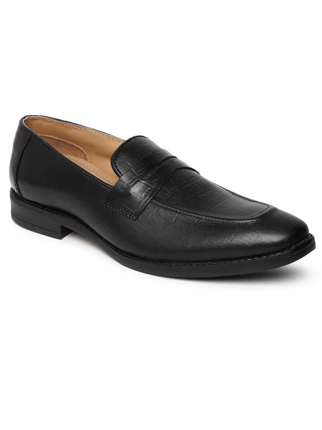 Men Texture Genuine Leather Black Loafers