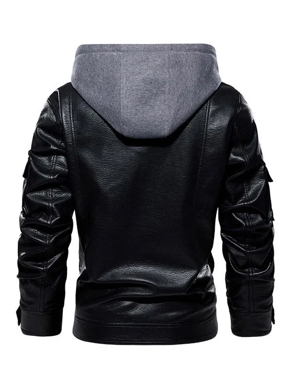 Men's Leather Hooded Jackets Comfy Zipper Color Block Moto Bomber Jackets