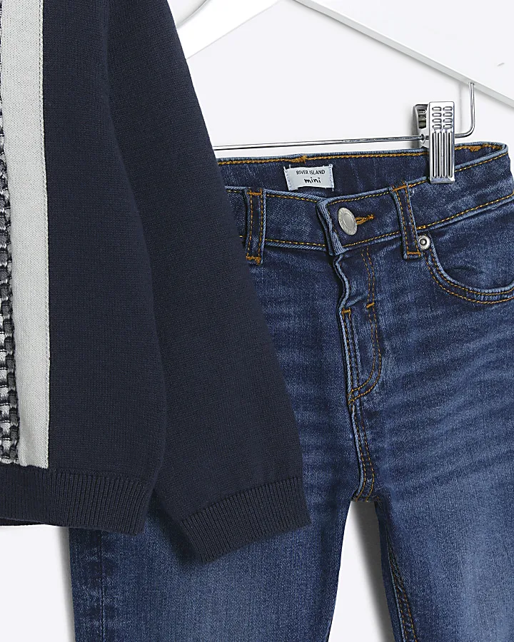 Mini Boys Navy Geometric Polo and Jeans Set