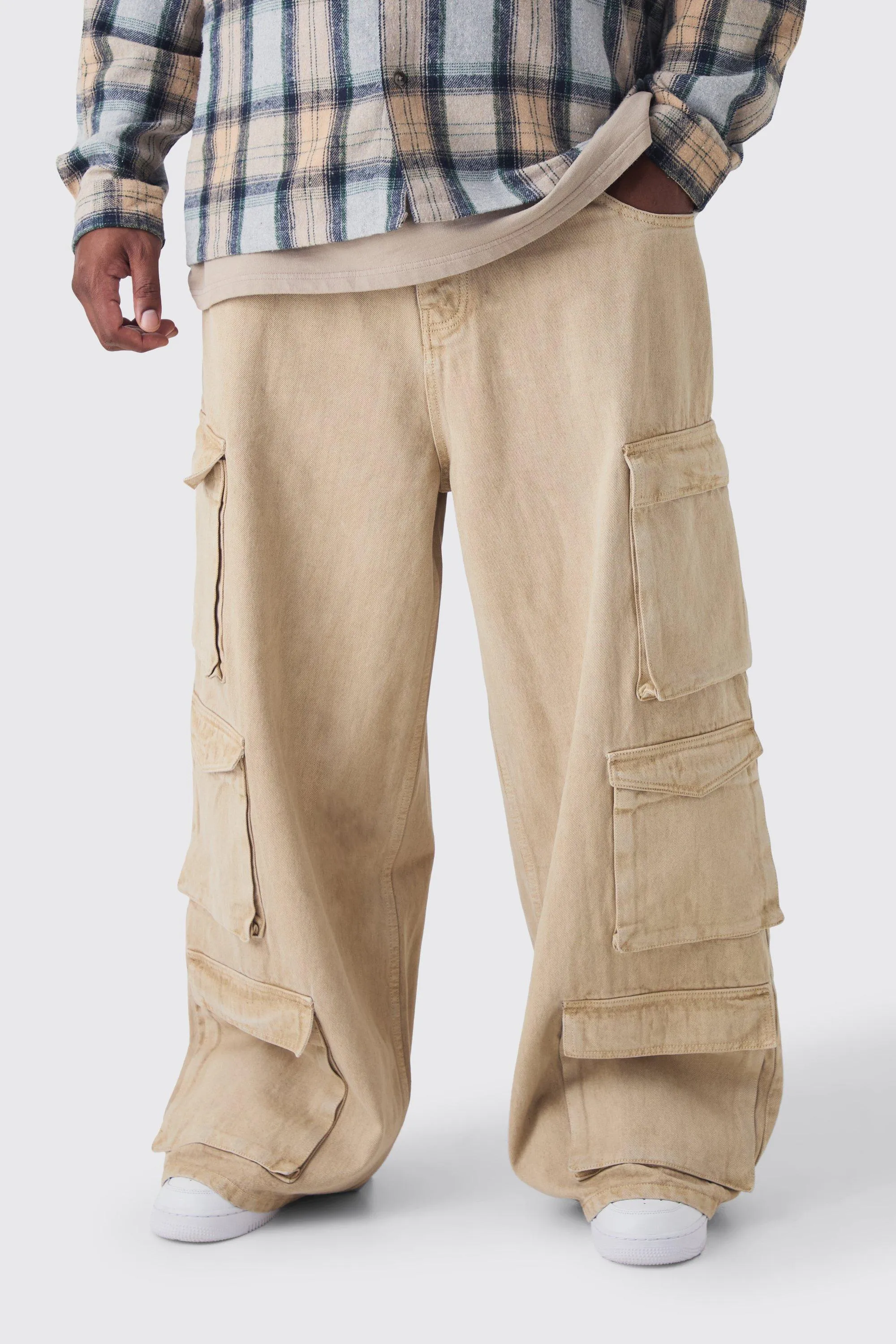 Plus Baggy Fit Washed Multi Pocket Cargo Jeans