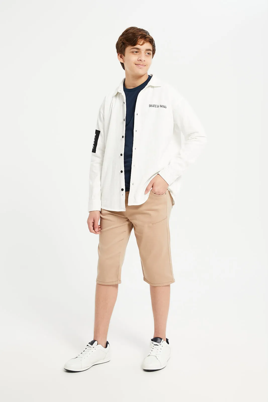 Senior Boys Beige Knit Denim Shorts