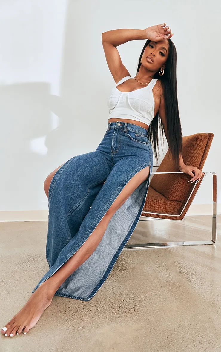 Shape Mid Blue Wash Extreme Split Detail Jeans