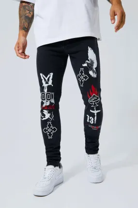Skinny Fit Badge Printed Jeans