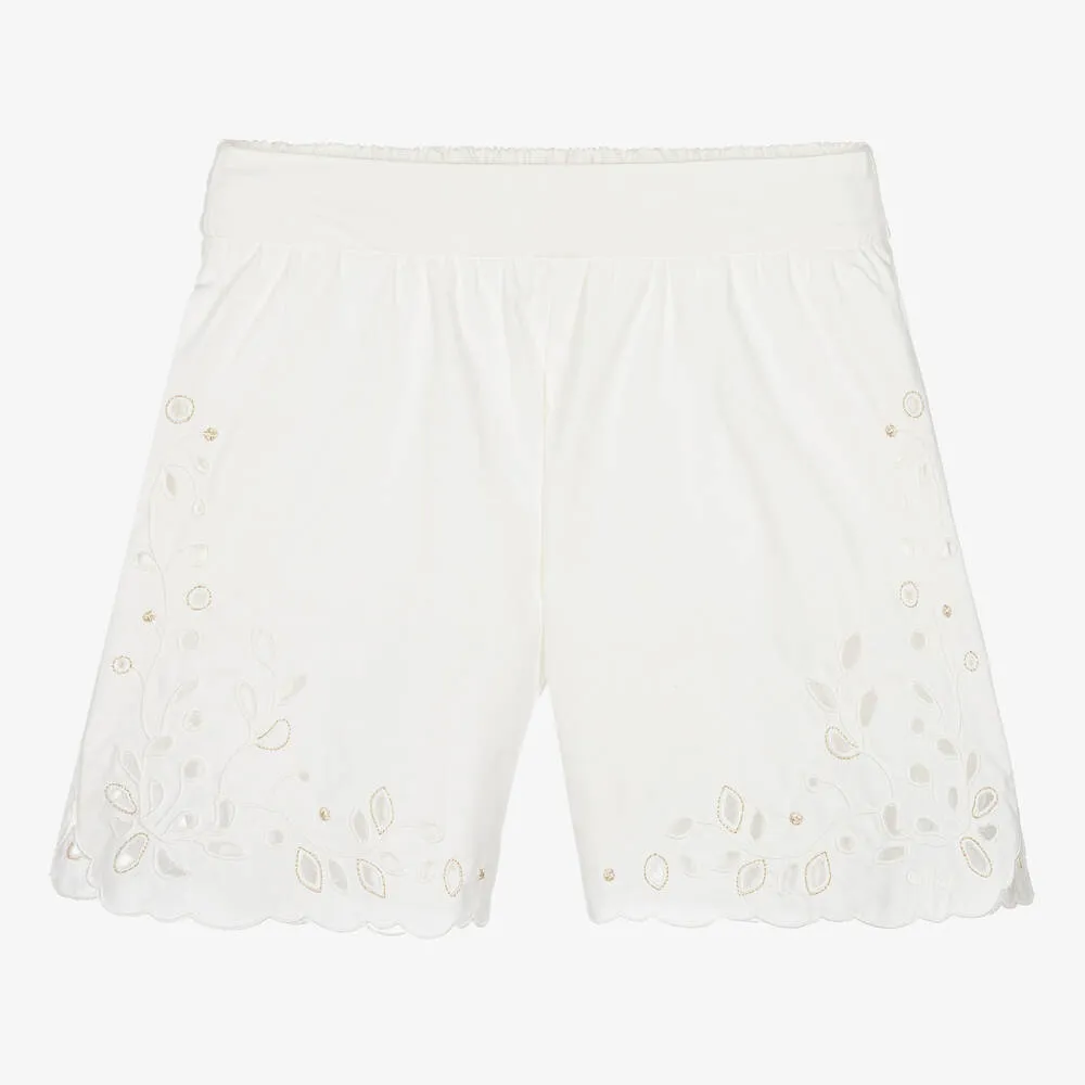 Teen Girls Ivory Embroidered Shorts