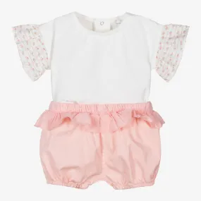 White & Pink Cotton Shorts Set