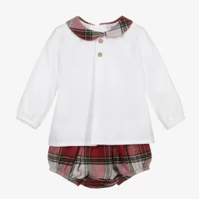White & Red Tartan Shorts Set
