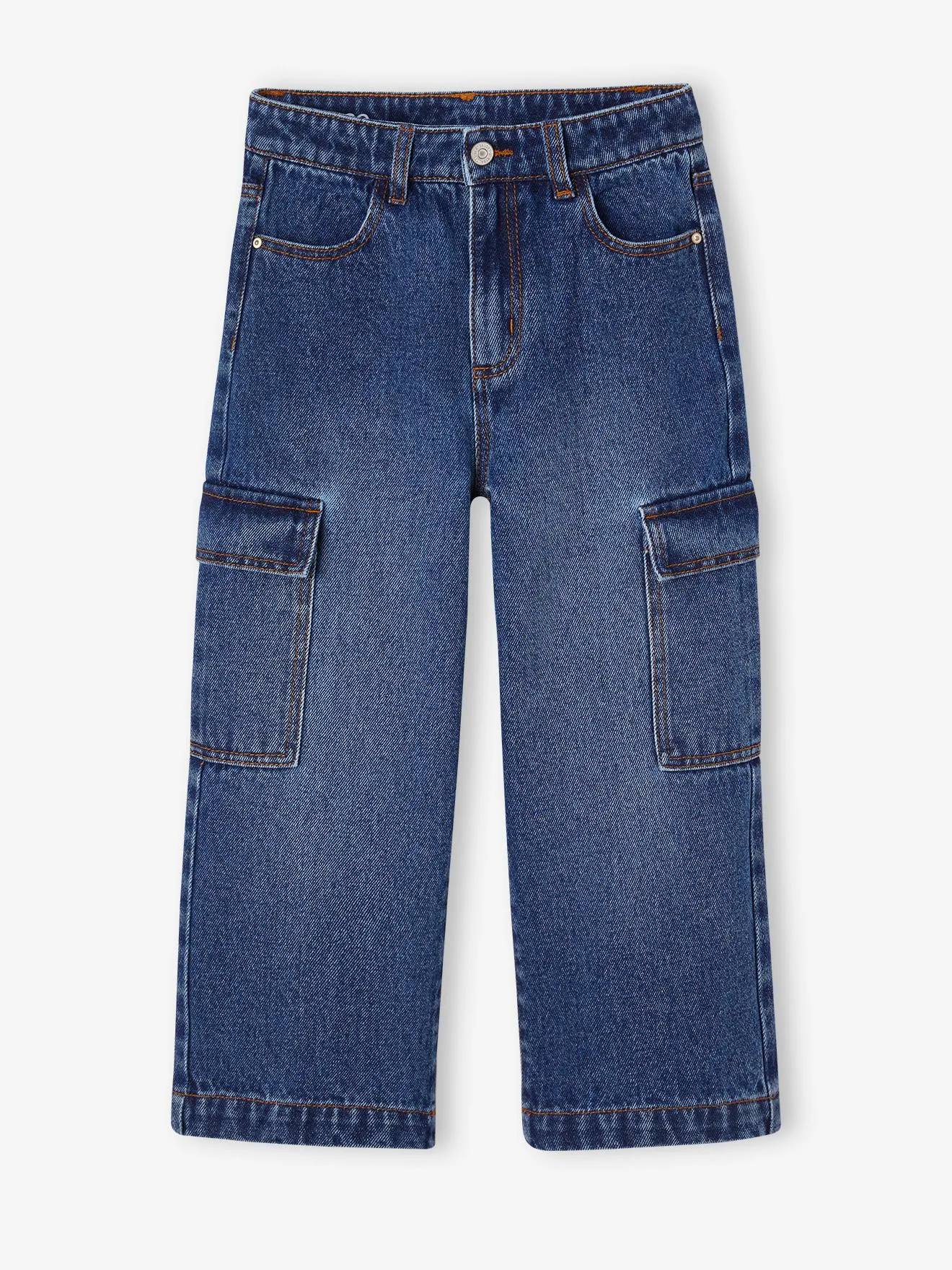 Wide Leg Cargo Jeans for Girls - medium blue