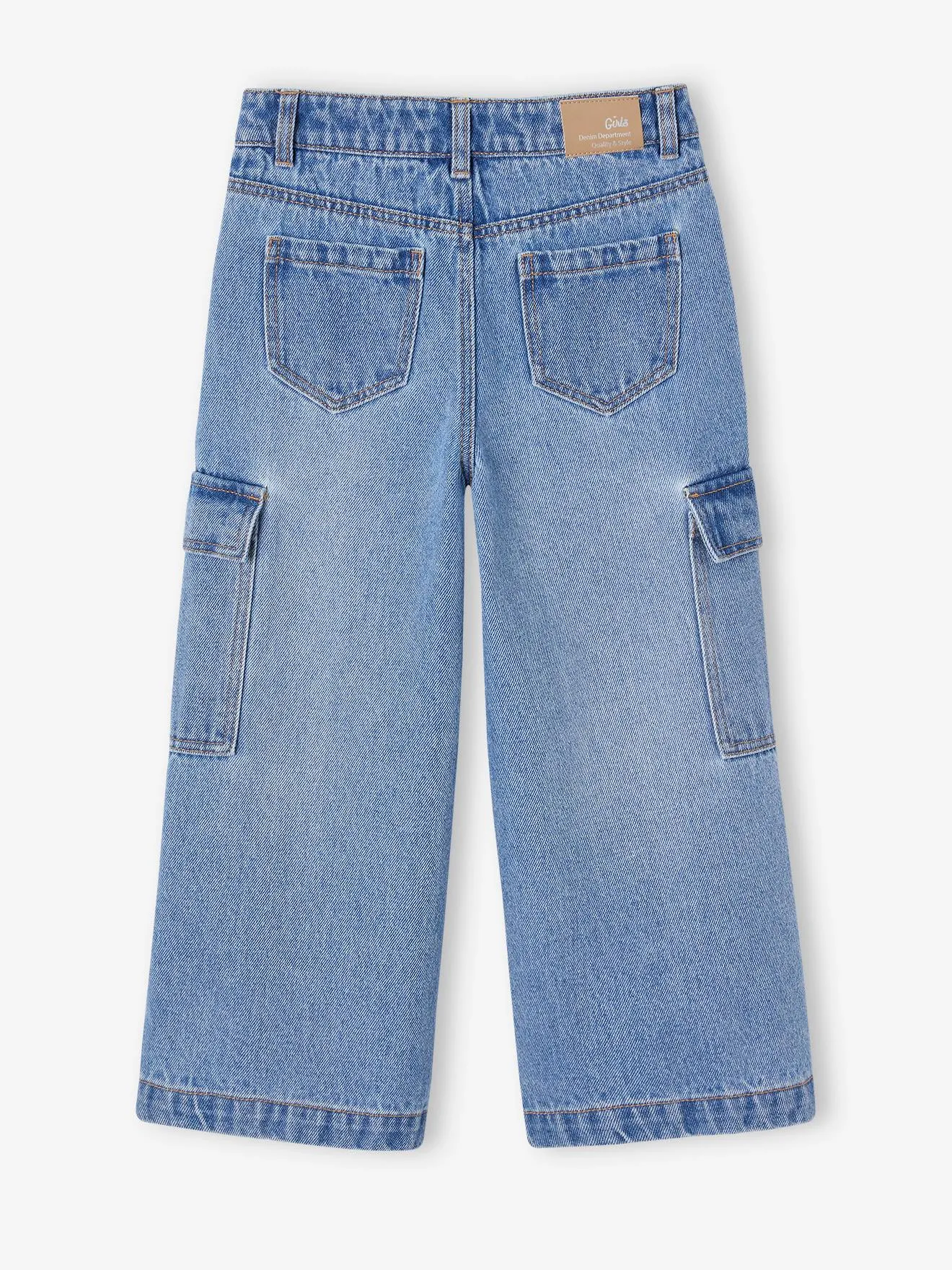 Wide Leg Cargo Jeans for Girls - medium blue