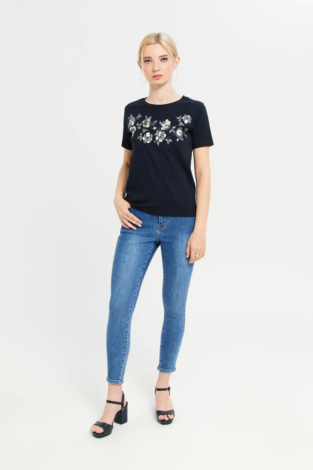 Women Black Embellished T-Shirt